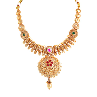 Estele Gold Plated Latest & Trendy Floral Pattern Matt Finish Temple Choker Necklace set with Ruby & Green Stones for Women