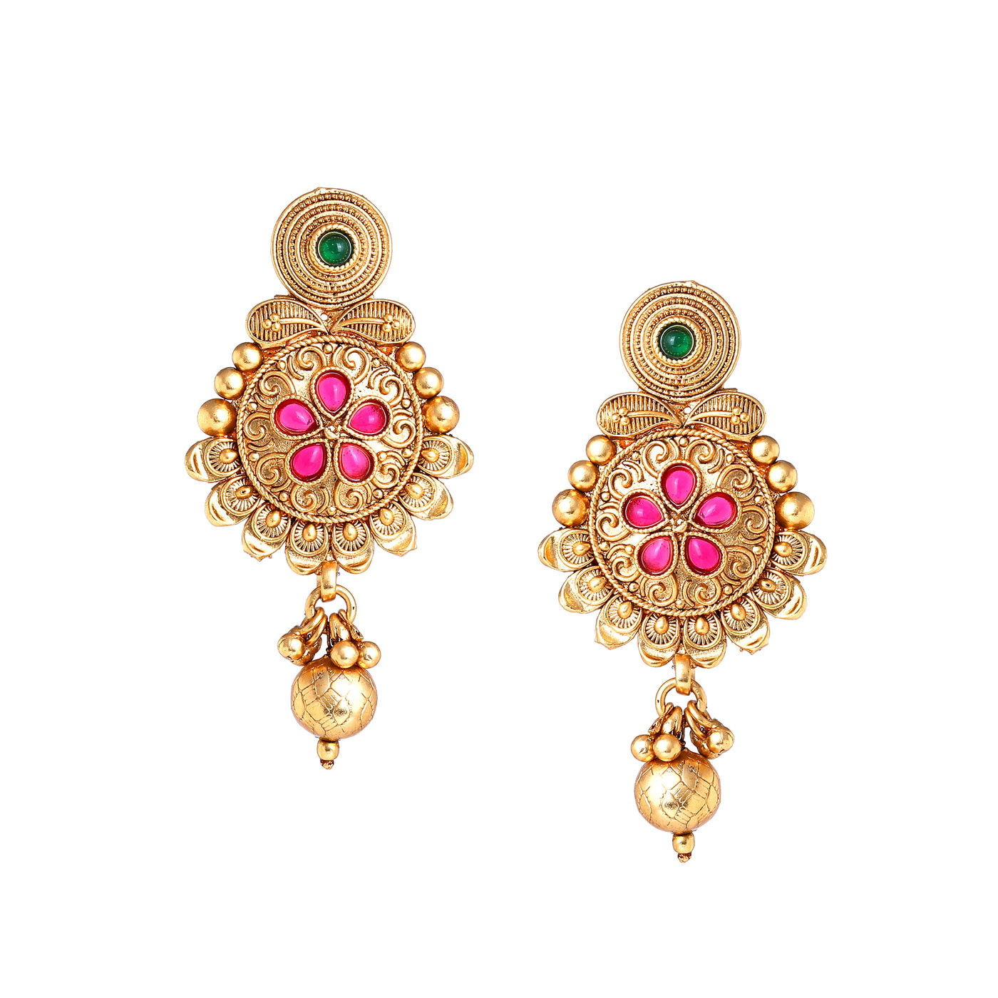 Estele Gold Plated Latest & Trendy Floral Pattern Matt Finish Temple Necklace set with Ruby & Green Stones for Women