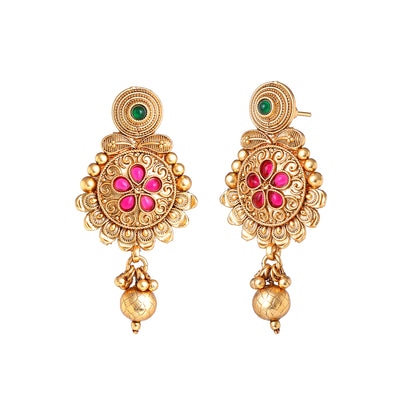 Estele Gold Plated Latest & Trendy Floral Pattern Matt Finish Temple Necklace set with Ruby & Green Stones for Women