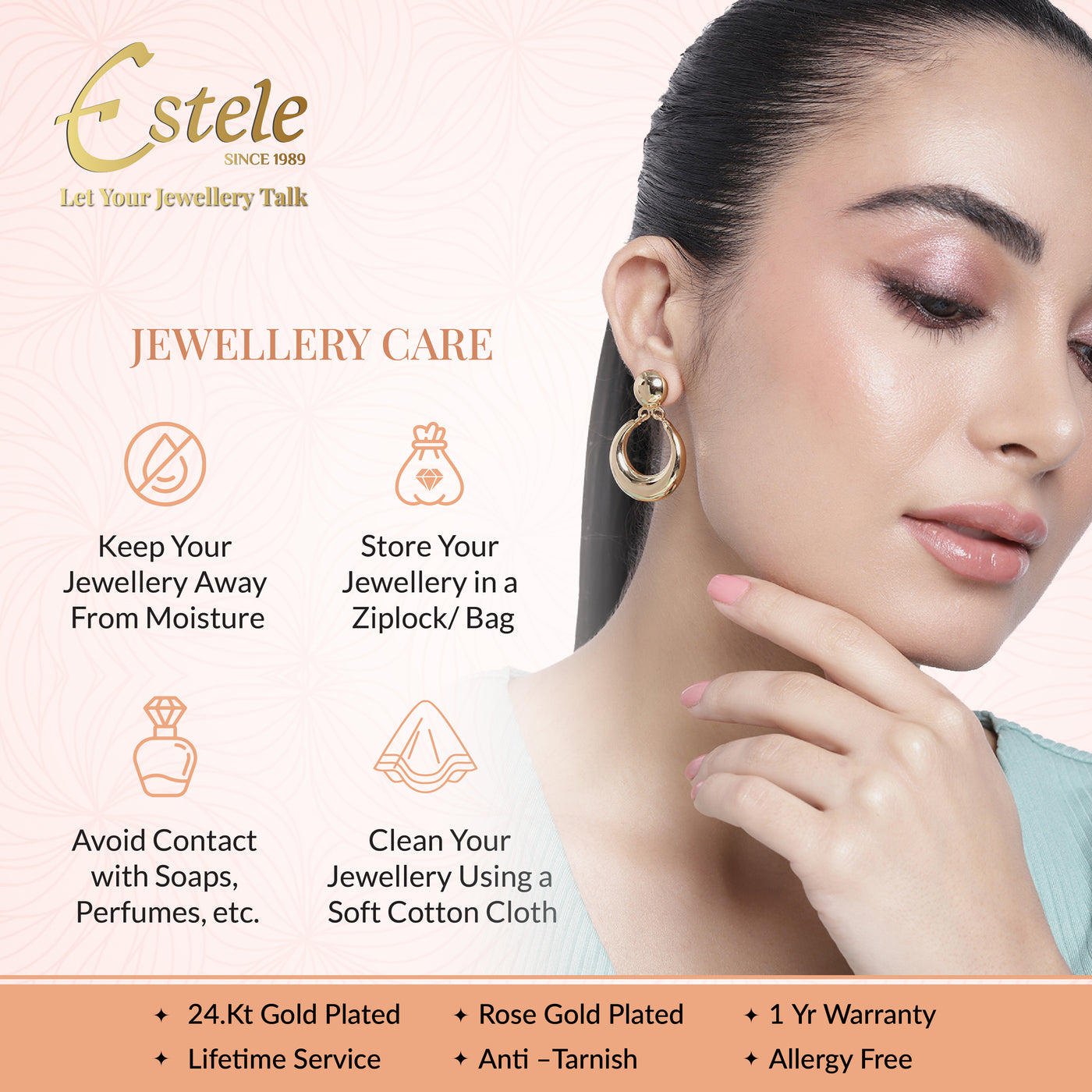 Estele Gold Tone Stylish Twin Oval Design Beaten Gold Drop Earrings for Women