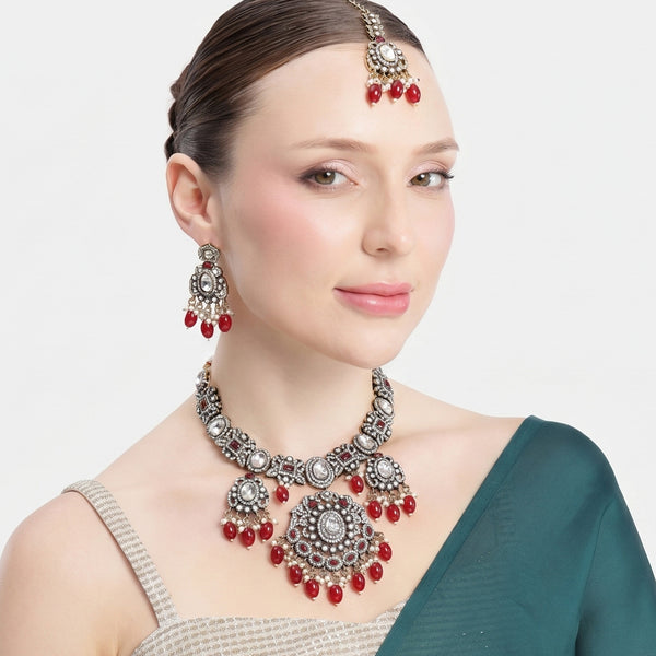 Malika Ruby Kundan Polki Necklace Set with Maang Tikka