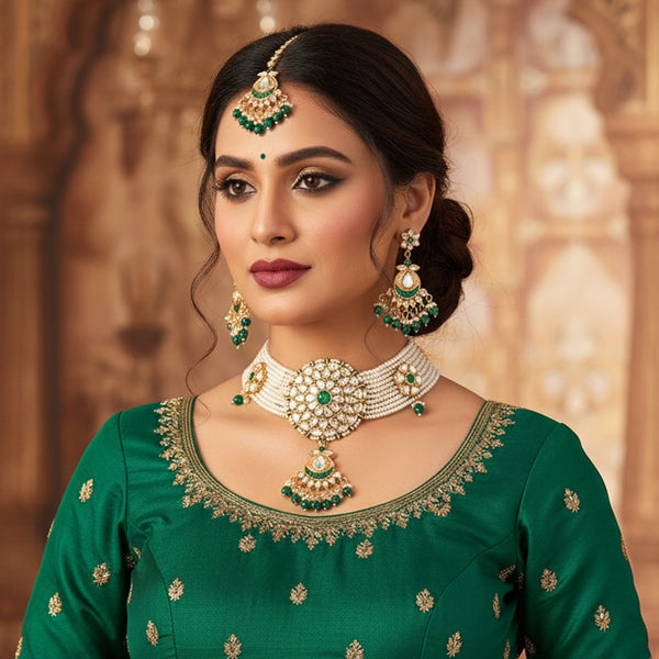 Traditional Green Polki Choker Necklace Set with Tikka – Festive Occasions– OSSP-0793-IGGN NKER