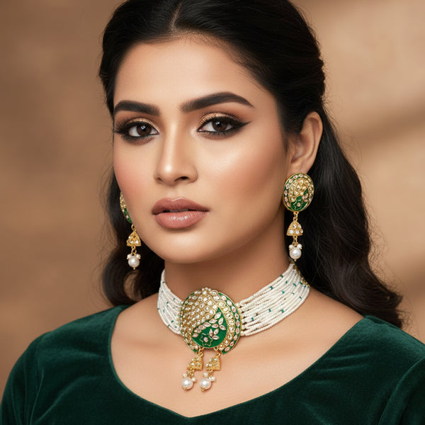 Ethnic Green & White Beads Choker Necklace Set – Festival & Celebration Wear– OSSP-1331-IGGN NKER