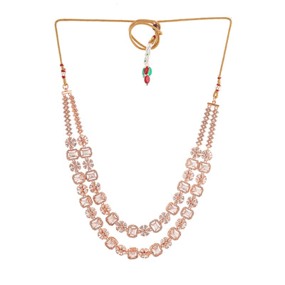 Estele Rose Gold Plated CZ Fascinating Double Layered Necklace Set with White Crystals for Women