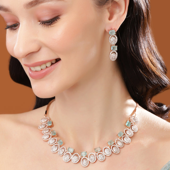 Estele Rose Gold Plated CZ Fascinating Necklace Set with Mint Green Crystals for Women