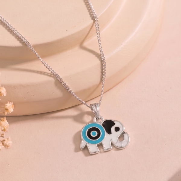 Estele Rhodium Plated Elephant Designer Evil Eye Charm Pendant with Black & Turquoise Blue Enamel for Girls/Women