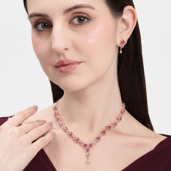 Ruby CZ Floral Link Necklace Set