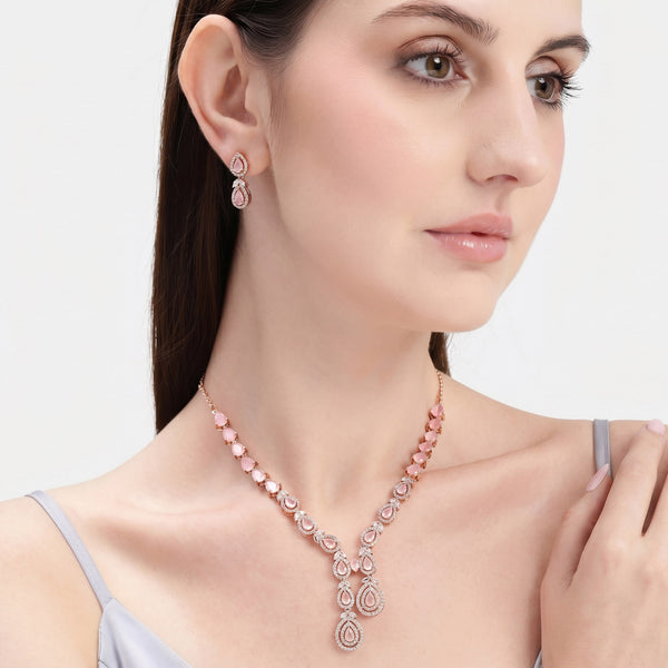 Mint Pink CZ Leaf Necklace Set