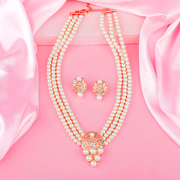 Estele Rose Gold Plated Sparkling Necklace Set with Pearls for Women
