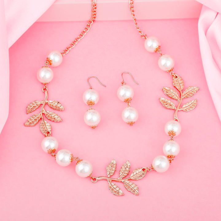 Estele Rose Gold Plated Leaf Designer Necklace Set with Pearls for Women