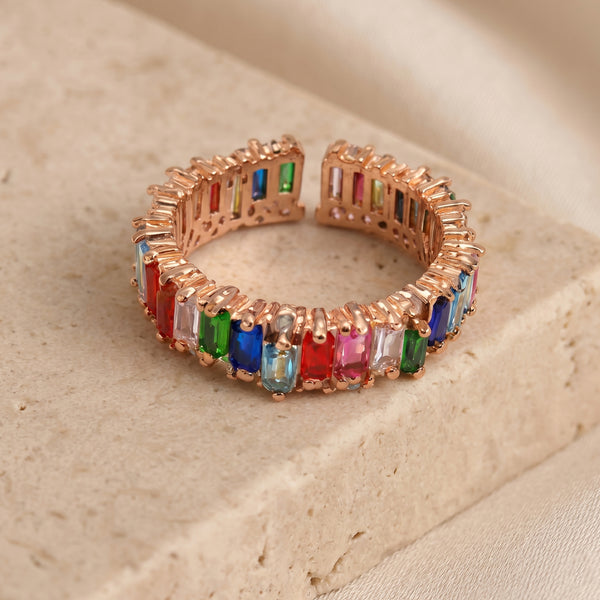 Rose Gold Multicolour Baguette Adjustable Ring