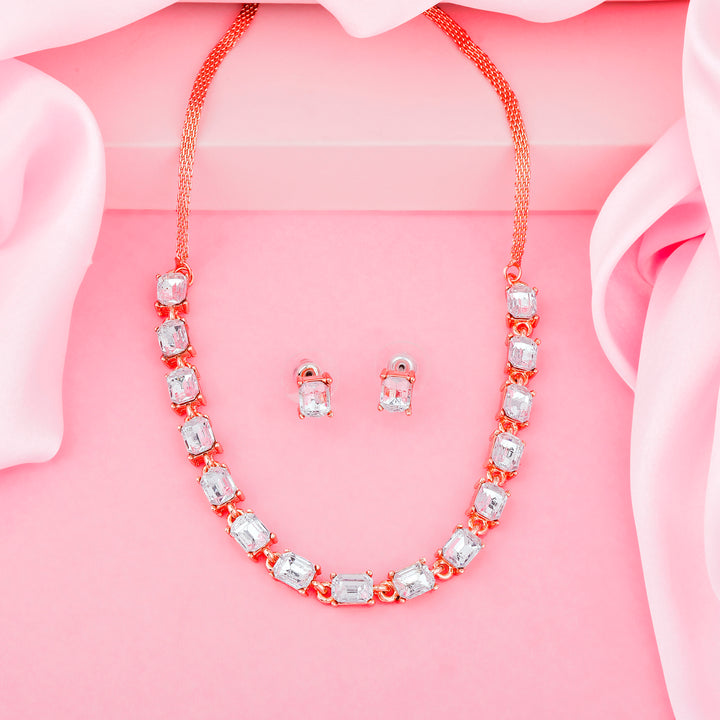Estele Rose Gold Plated Sparkling Necklace Set with Crystals for Women