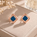 Estele Rose Gold Plated Mosaic Pattern Stud Earrings with Blue Enamel for Women