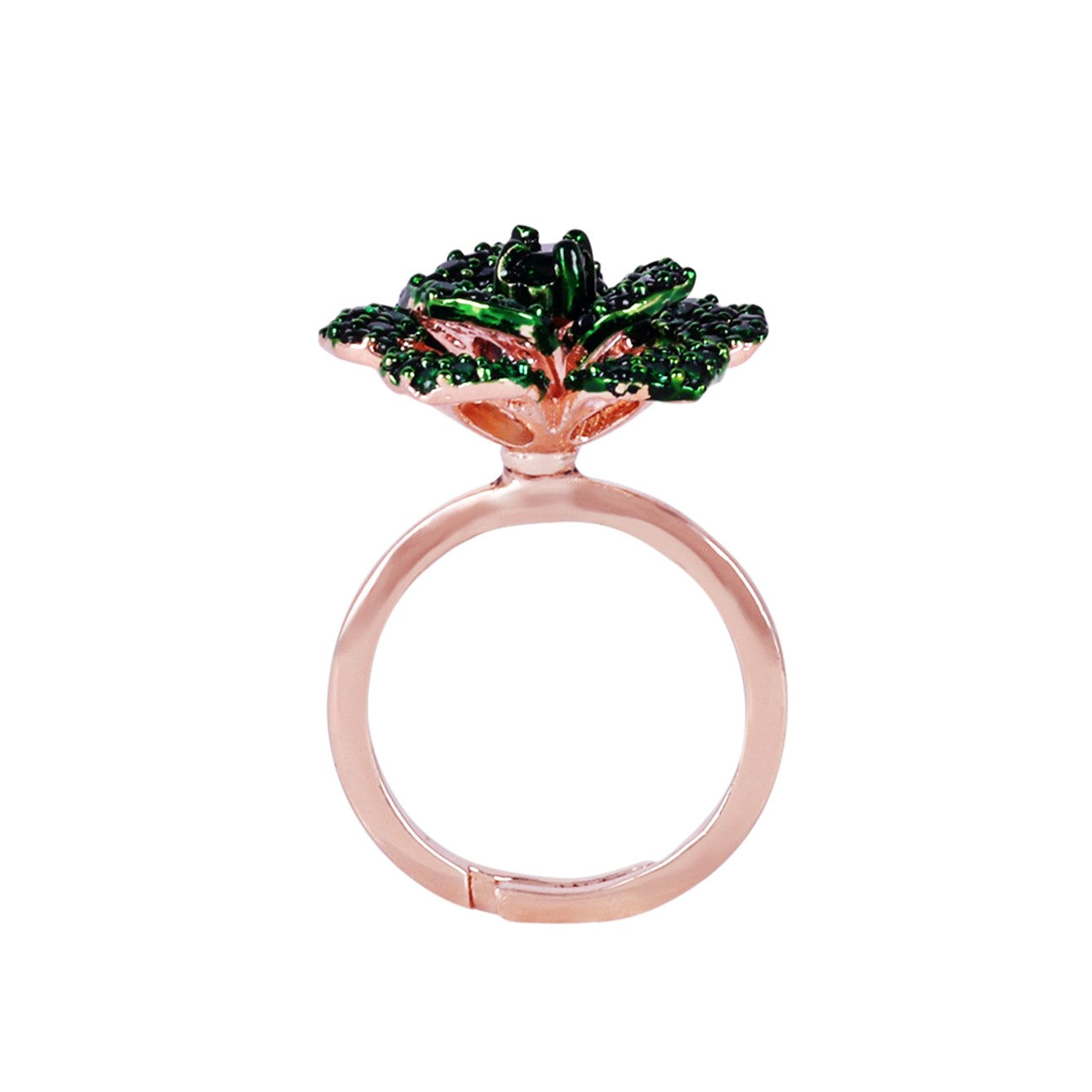 Estele Valentine Special Stunning Green American Diamond Lightweight Adjustable Rose Motif Finger Ring with Premium Rosegold Finish for Women