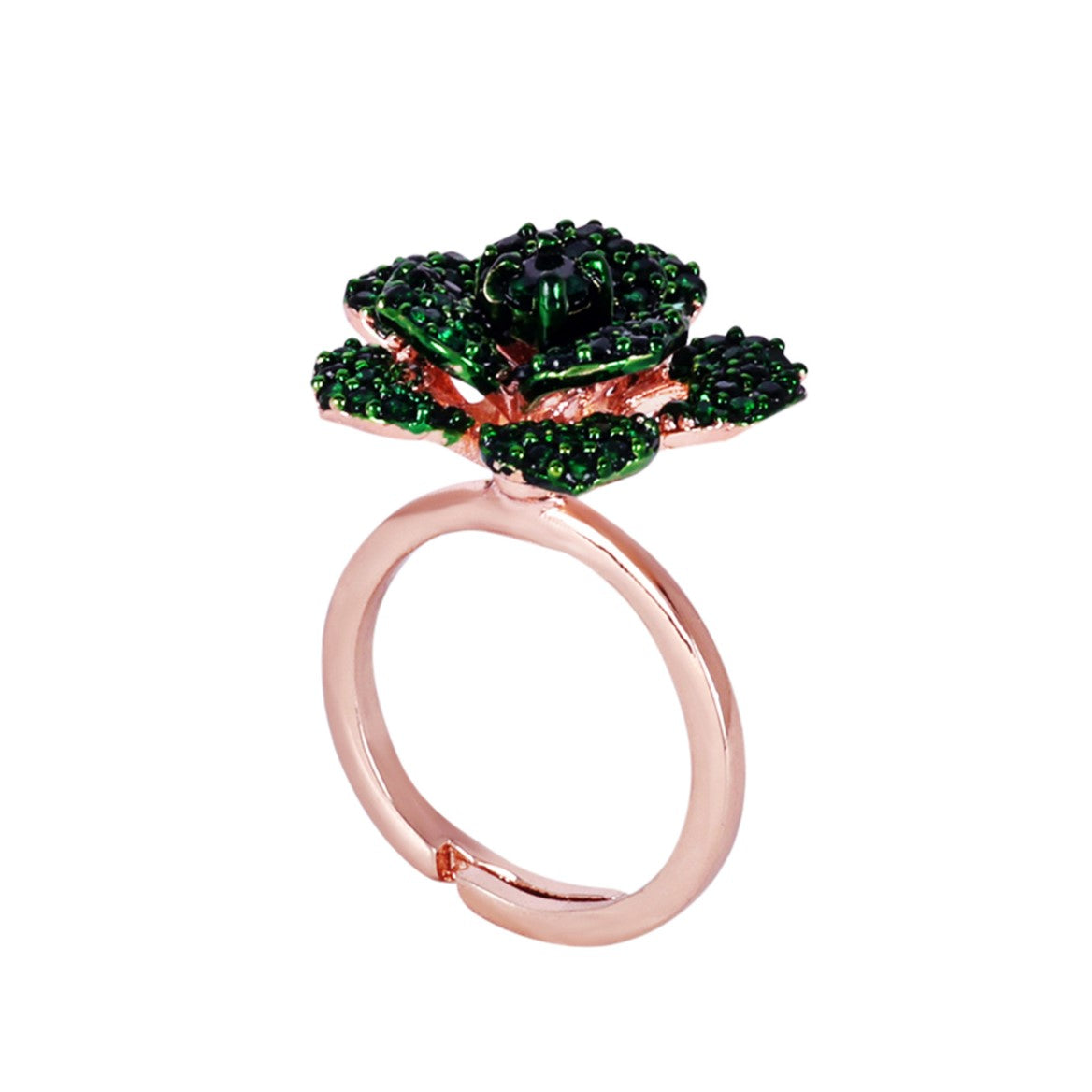 Estele Valentine Special Stunning Green American Diamond Lightweight Adjustable Rose Motif Finger Ring with Premium Rosegold Finish for Women