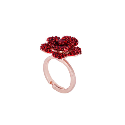 Estele Valentine Special Dazzling Ruby Red American Diamond Lightweight Rose Motif Adjustable Finger Ring with Luxurious Rosegold Finish for Women