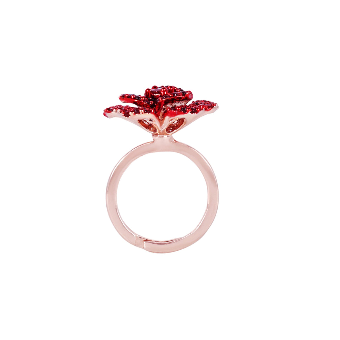 Estele Valentine Special Dazzling Ruby Red American Diamond Lightweight Rose Motif Adjustable Finger Ring with Luxurious Rosegold Finish for Women