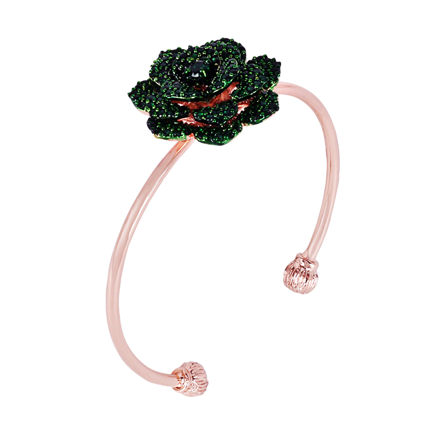 Estele Valentine ROSE Special Stylish Comfort Fit Rose Motif Cuff Bracelet with Green American Diamonds for Women A Timeless Statement Piece