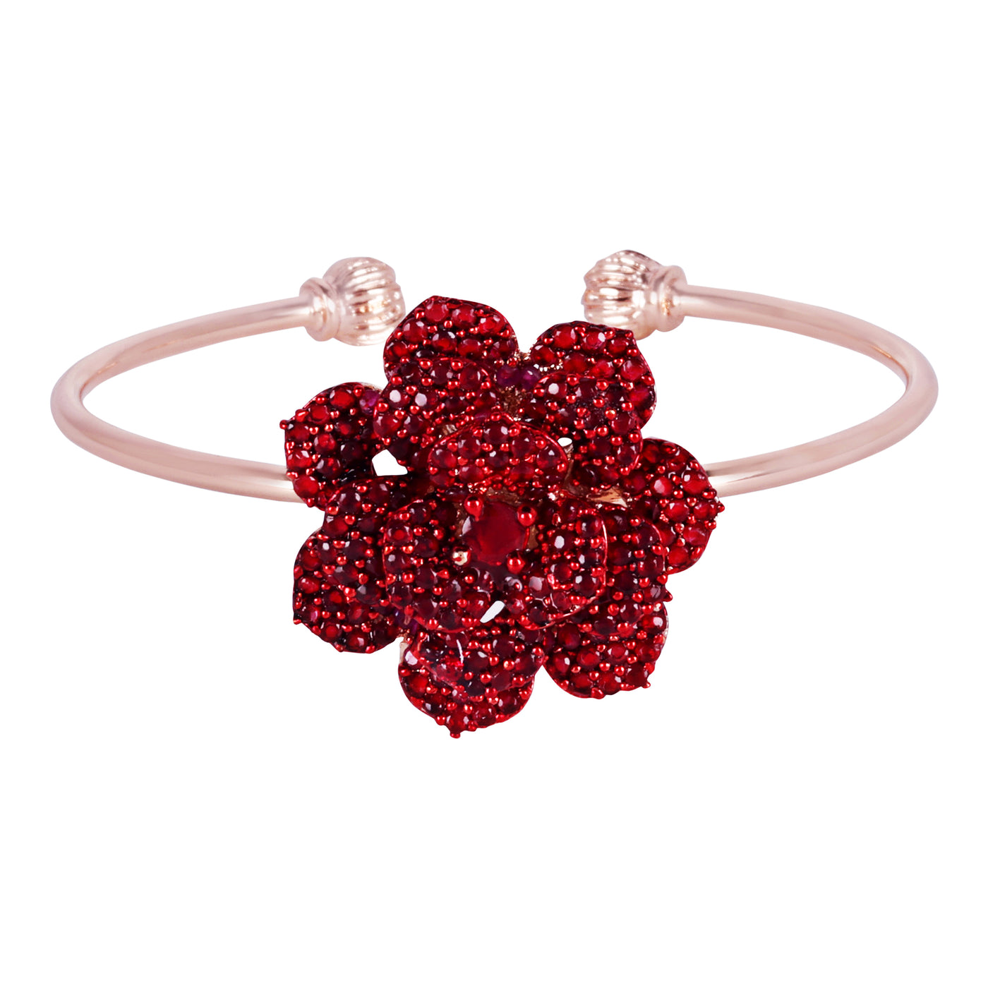 Estele Valentine ROSE Special Trendy Rose Motif Cuff Bracelet for Women: Rosegold Plated Floral Charms with Ruby Red Stones A Bold Statement for Every Look