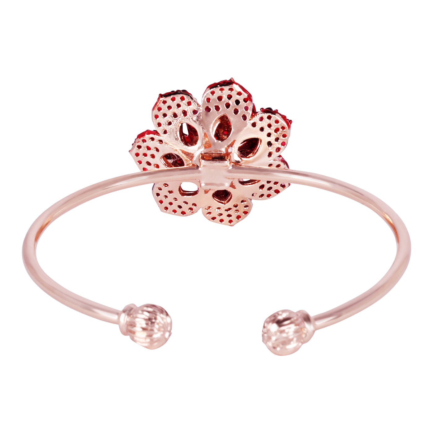 Estele Valentine ROSE Special Trendy Rose Motif Cuff Bracelet for Women: Rosegold Plated Floral Charms with Ruby Red Stones A Bold Statement for Every Look