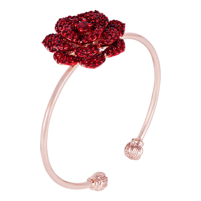 Estele Valentine ROSE Special Trendy Rose Motif Cuff Bracelet for Women: Rosegold Plated Floral Charms with Ruby Red Stones A Bold Statement for Every Look