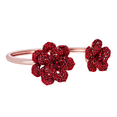 Estele Valentine ROSE Special Premium Rosegold Plated Floral Rose Motif Cuff Bracelet with Ruby Red Stones for Women: Adjustable & Comfort Fit for All Wrist Sizes