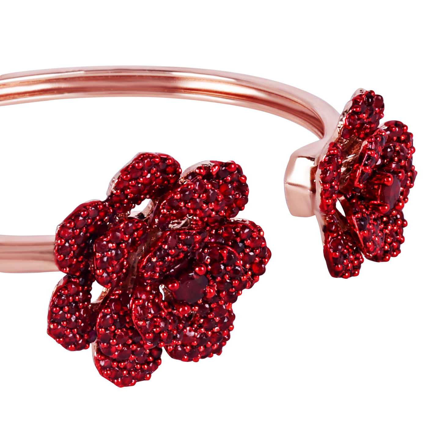 Estele Valentine ROSE Special Premium Rosegold Plated Floral Rose Motif Cuff Bracelet with Ruby Red Stones for Women: Adjustable & Comfort Fit for All Wrist Sizes