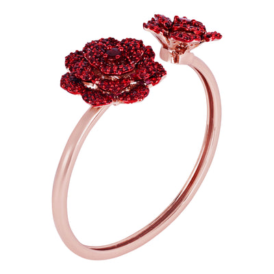 Estele Valentine ROSE Special Premium Rosegold Plated Floral Rose Motif Cuff Bracelet with Ruby Red Stones for Women: Adjustable & Comfort Fit for All Wrist Sizes