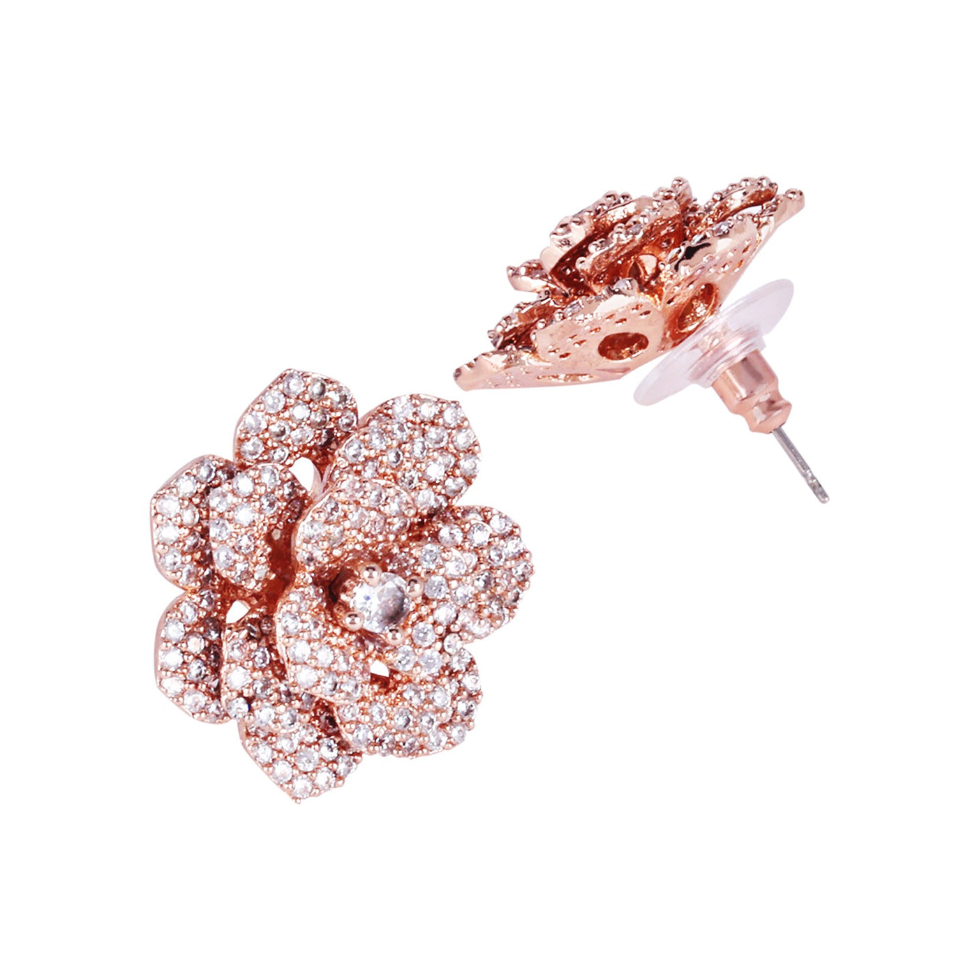 Estele Valentine ROSE Special Glittering White American Diamond Rose Motif Stud Earrings with Premium Rosegold Finish A Luxurious Gift of Love