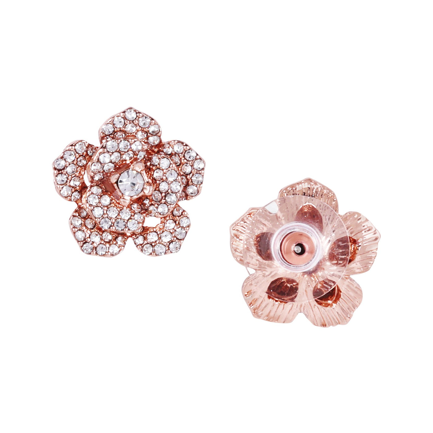 Estele Valentine ROSE Special Premium Rosegold Plated Floral Rose Stud Earrings for Women with White Austrian Crystals A Symbol of Everlasting Love