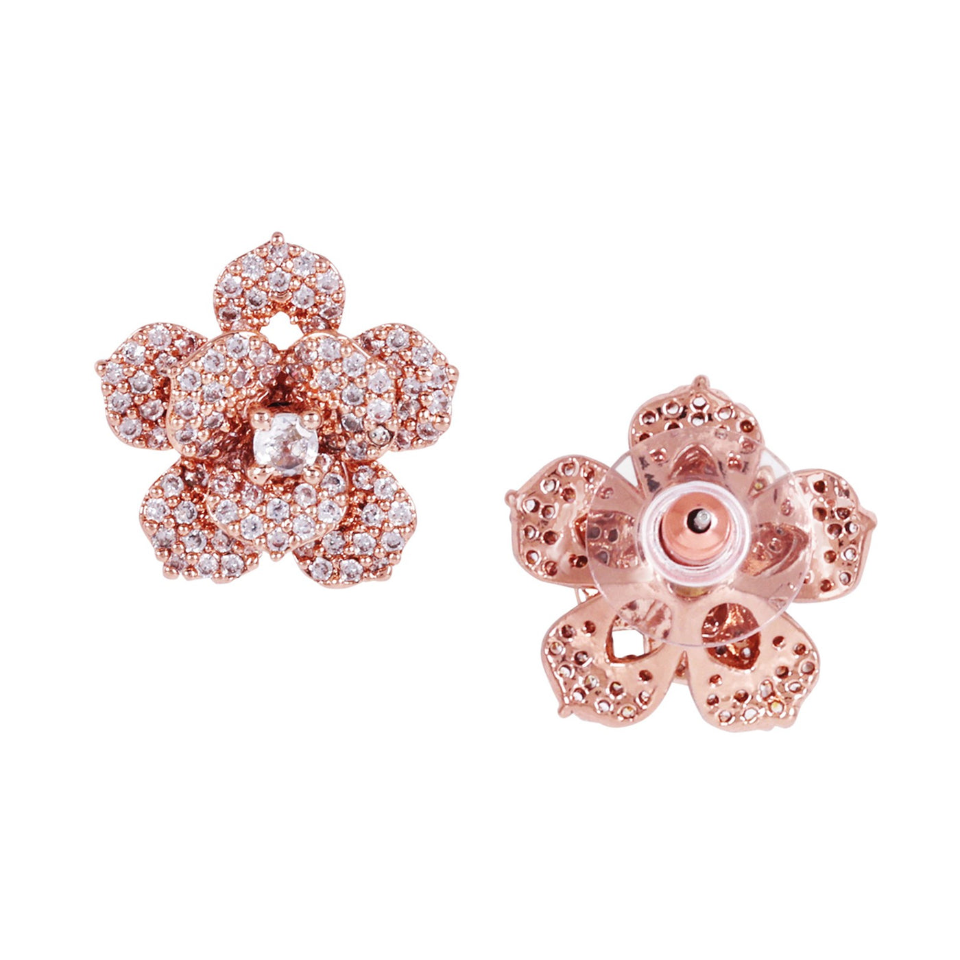 Estele Valentine ROSE Special Gleaming White American Diamond Rose Motif Stud Earrings with Premium Rosegold Finish A Thoughtful Valentine Gift