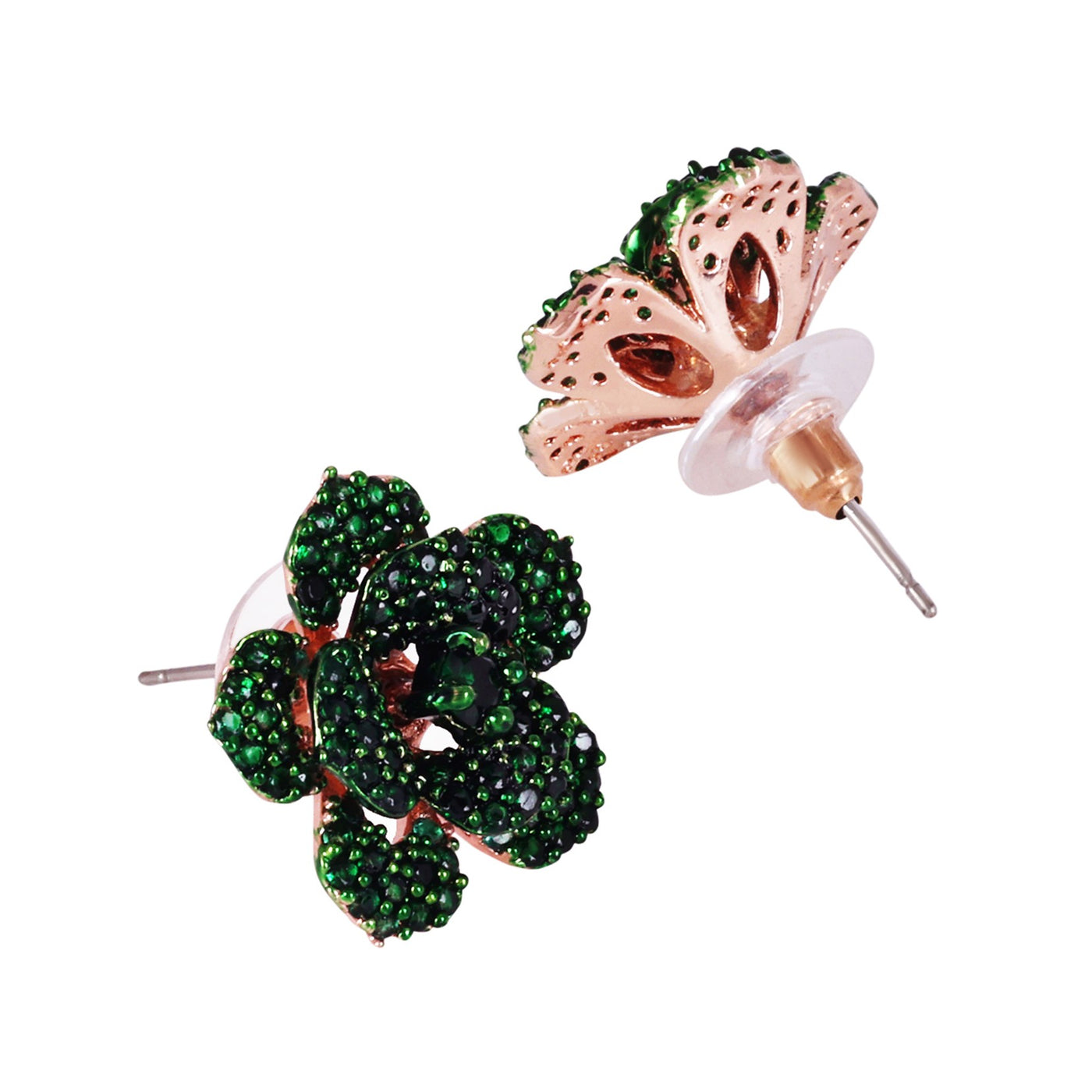 Estele Valentine ROSE Special â€“ Sparkling Green American Diamond Rose Motif Stud Earrings with Premium Rosegold Finish â€“ A Luxurious Gift of Eternal Love