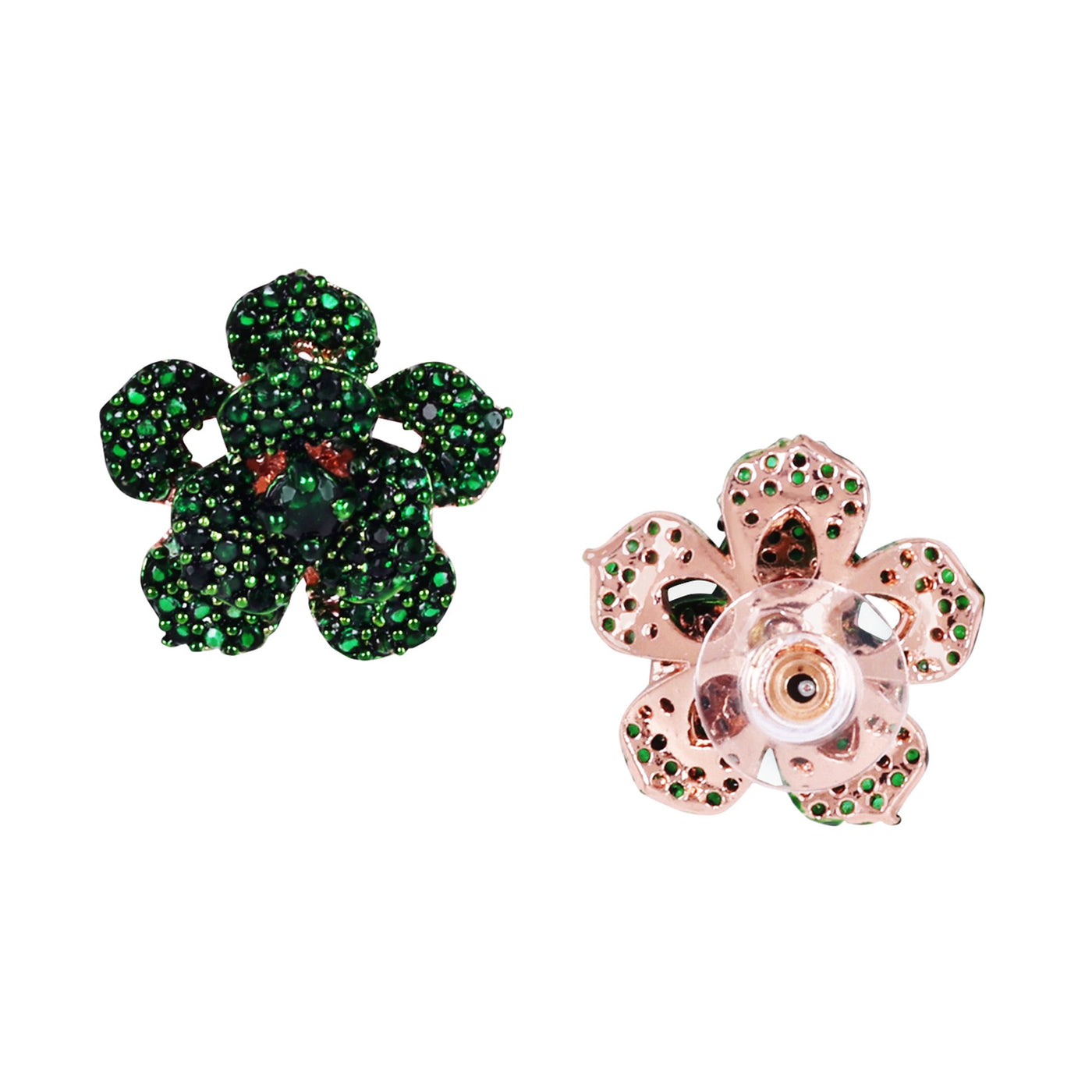 Estele Valentine ROSE Special â€“ Sparkling Green American Diamond Rose Motif Stud Earrings with Premium Rosegold Finish â€“ A Luxurious Gift of Eternal Love