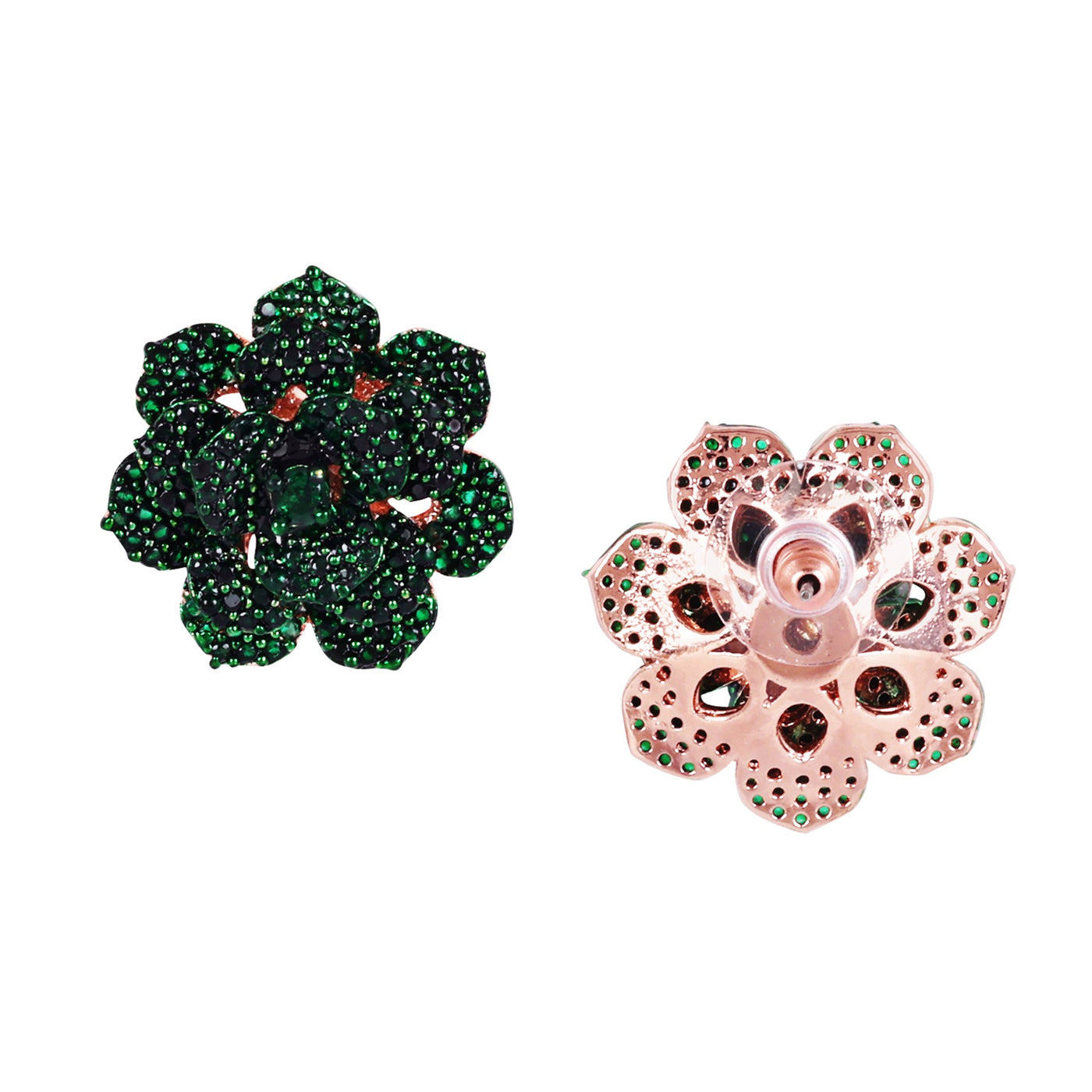 Estele Valentine ROSE Special â€“ Exquisite Green American Diamond Floral Rose Stud Earrings with Premium Rosegold Finish â€“ A Timeless Expression of Love