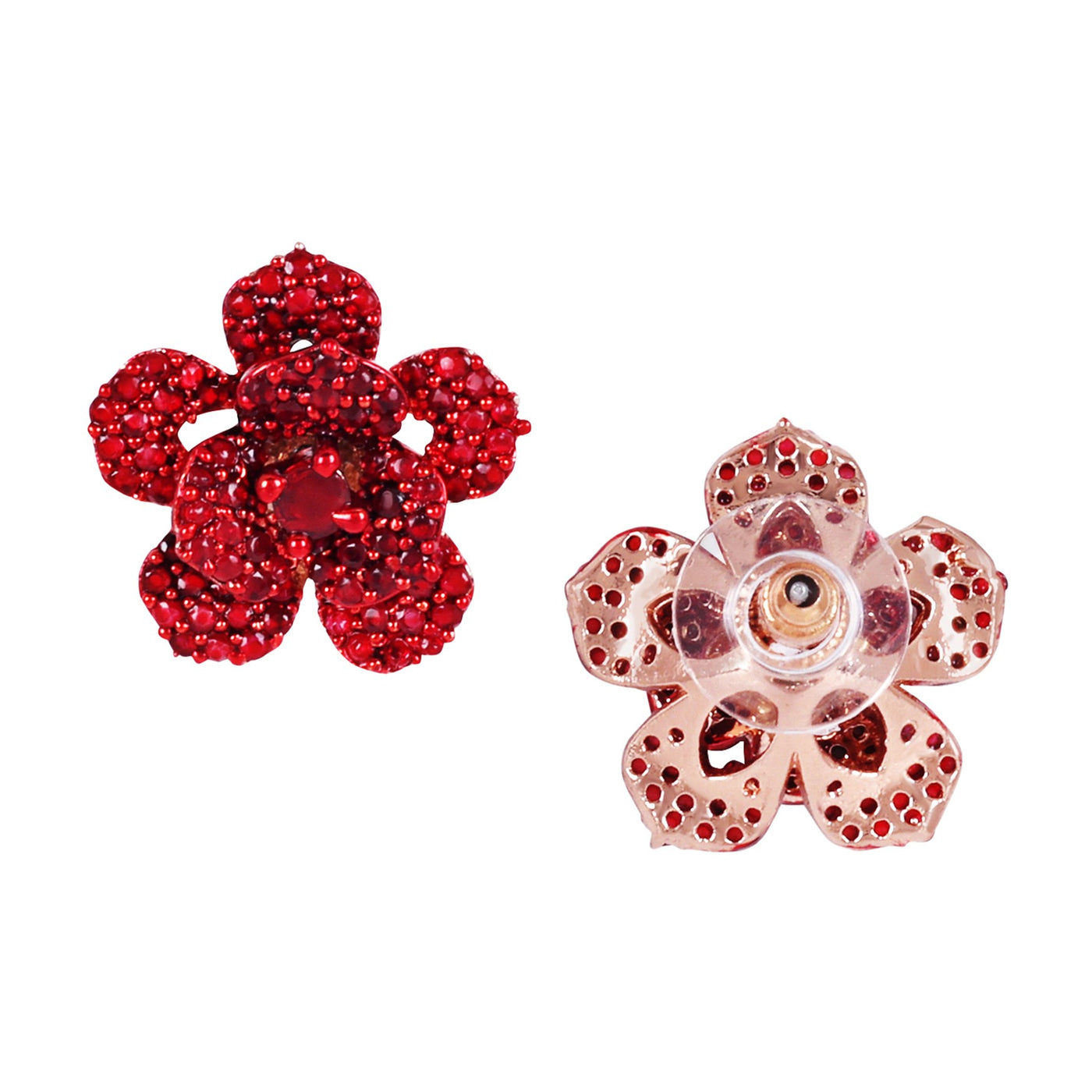 Estele Valentine ROSE Special â€“ Dazzling Ruby Red American Diamond Rose Motif Stud Earrings with Luxurious Rosegold Finish â€“ A Classic Gift of Eternal Romance