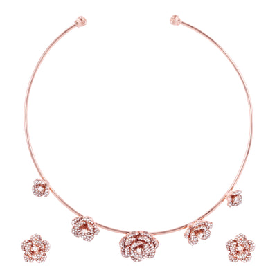 Estele Valentine Special Exclusive Rosegold Finish Intricate Floral Rose Necklace Set with White Crystals A Dazzling Gift of Eternal Love