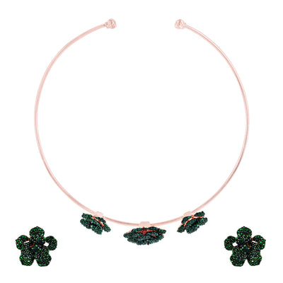 Estele Valentine Special Gorgeous Green American Diamond Rose Motif Necklace Set with Luxurious Rosegold Finish A Dazzling Gift of Eternal Love