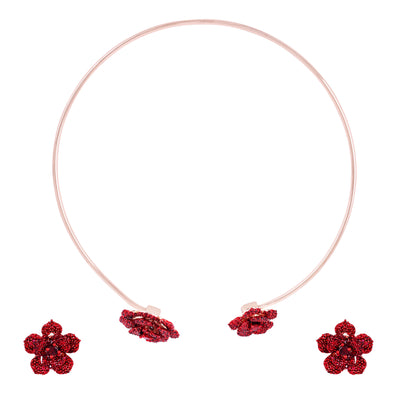 Estele Valentine Special Exclusive Lightweight Ruby Red American Diamond Rose Motif Necklace Set with Rosegold Finish A Dazzling Gift of Eternal Love