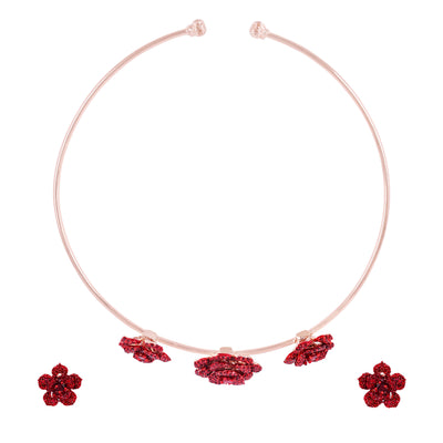 Estele Valentine Special Dazzling Lightweight Ruby Red American Diamond Rose Motif Necklace Set with Premium Rosegold Finish Ideal for Parties & Gifting