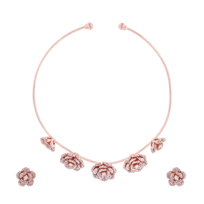 Estele Valentine Special Gorgeous American Diamond Classic Floral Rose Necklace Set with Luxurious Rosegold Finish Perfect for Elegant Occasions