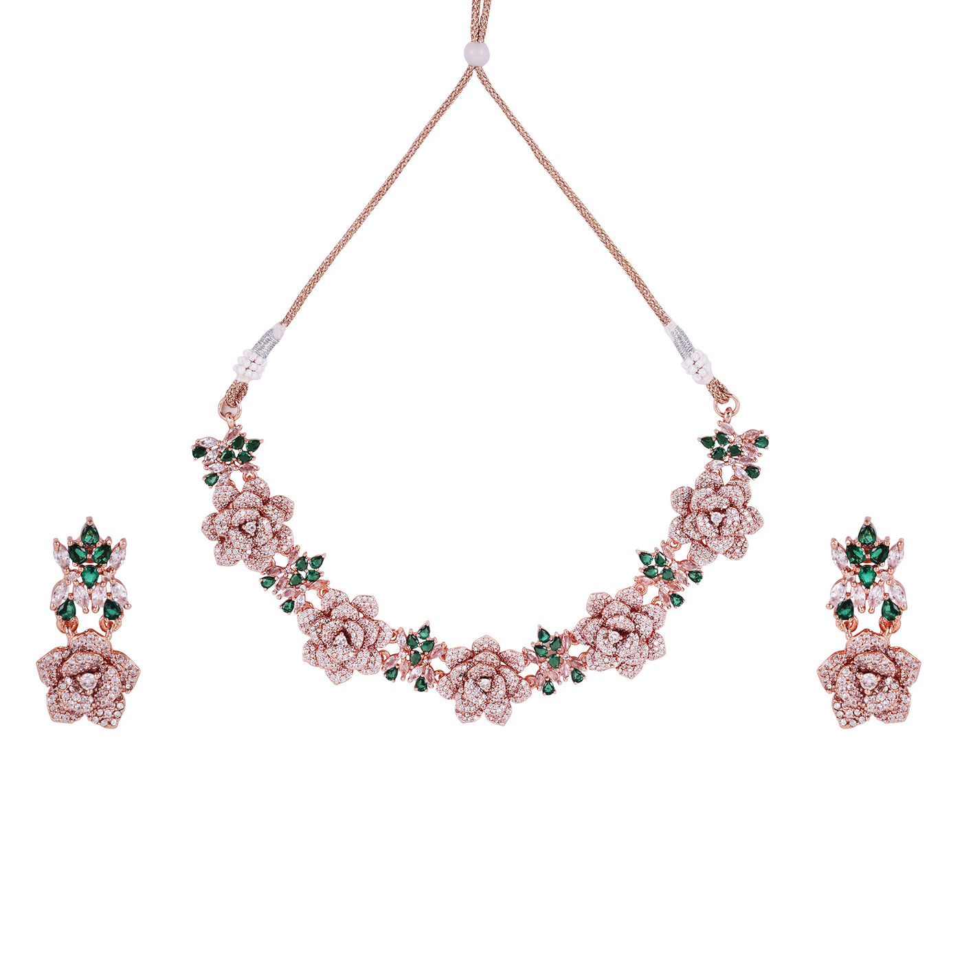 Estele Valentine Special Green & White American Diamond Nature-Inspired Floral Rose Necklace Set with Premium Rosegold Finish A Perfect Gift of Love