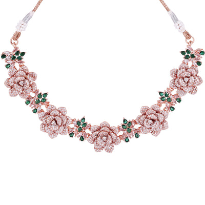 Estele Valentine Special Green & White American Diamond Nature-Inspired Floral Rose Necklace Set with Premium Rosegold Finish A Perfect Gift of Love