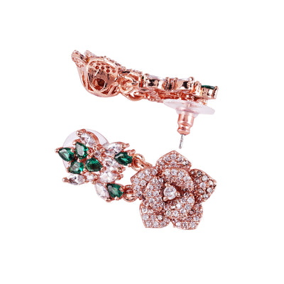 Estele Valentine Special Green & White American Diamond Nature-Inspired Floral Rose Necklace Set with Premium Rosegold Finish A Perfect Gift of Love