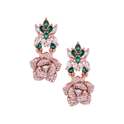 Estele Valentine Special Green & White American Diamond Nature-Inspired Floral Rose Necklace Set with Premium Rosegold Finish A Perfect Gift of Love