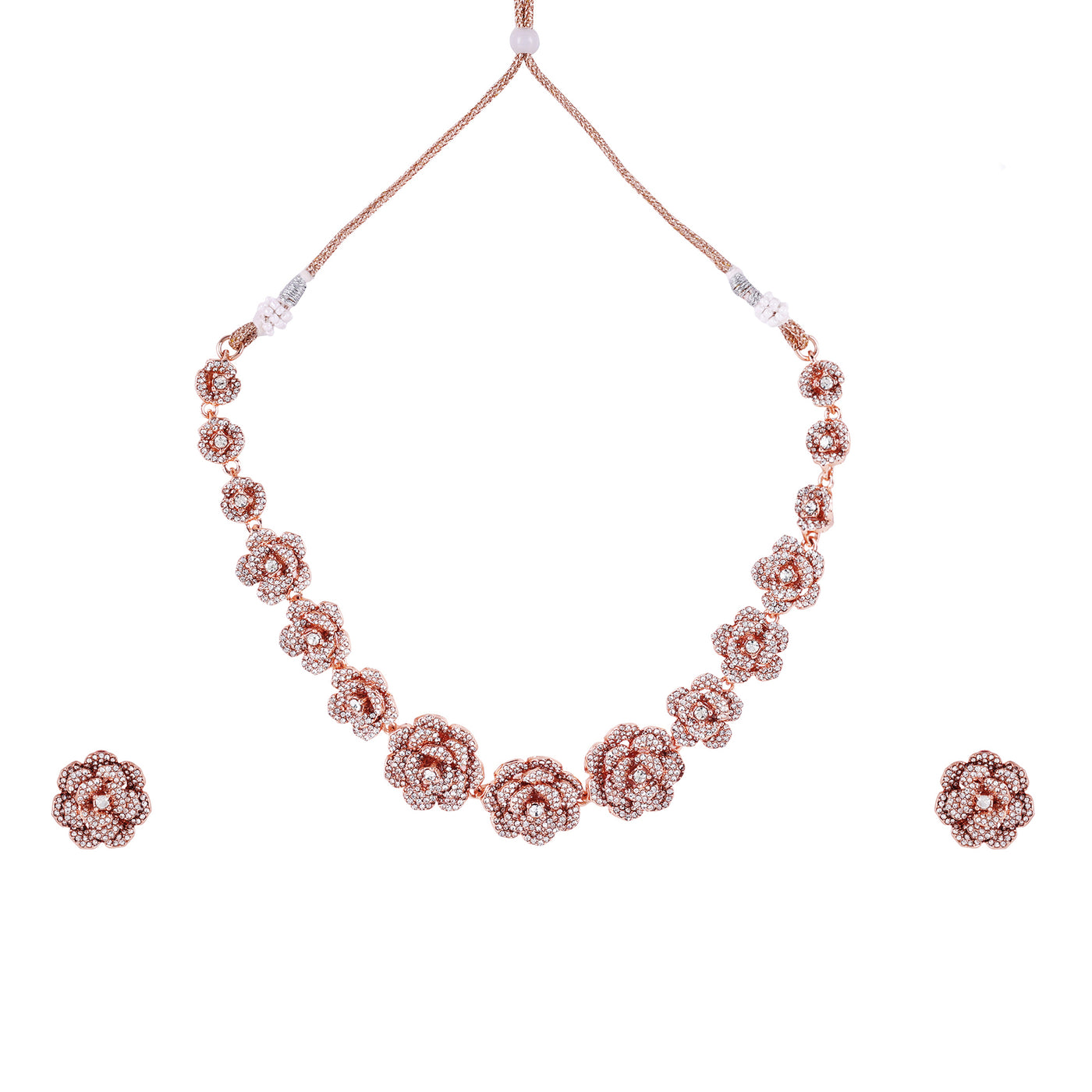 Estele Valentine Special Luxurious Rosegold Plated Rose Motifs Necklace Set with Sparkling White Austrian Crystals A Beautiful Gift of Eternal Gift