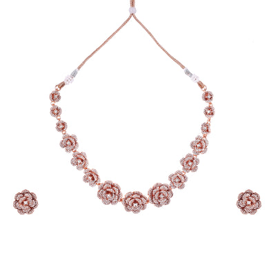 Estele Valentine Special Luxurious Rosegold Plated Rose Motifs Necklace Set with Sparkling White Austrian Crystals A Beautiful Gift of Eternal Gift