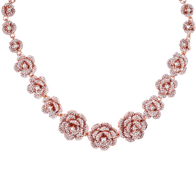 Estele Valentine Special Luxurious Rosegold Plated Rose Motifs Necklace Set with Sparkling White Austrian Crystals A Beautiful Gift of Eternal Gift