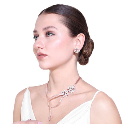 Estele Valentine Special Luxury Rose Motif Necklace Set: Stylish Rosegold Plated Floral Design for Women with Matching Earrings A Timeless Gift for Love