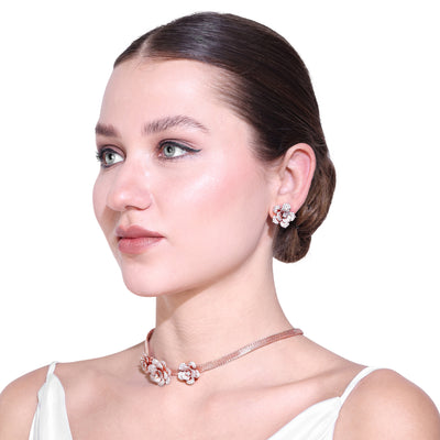 Estele Valentine Special Exclusive White American Diamond Rose Motif Necklace Set with Premium Rosegold Finish A Must-Have Statement Piece