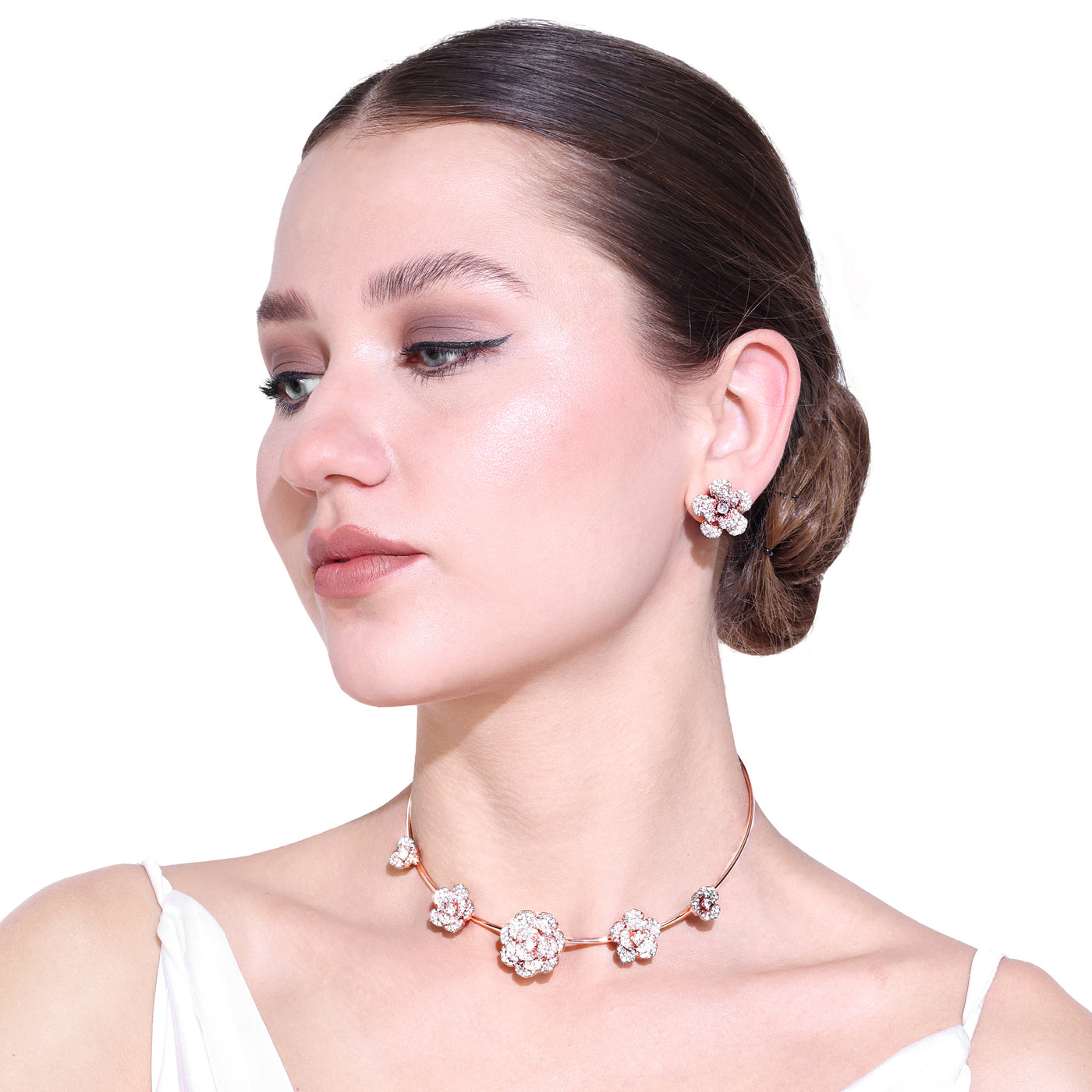 Estele Valentine Special Exclusive Rosegold Finish Intricate Floral Rose Necklace Set with White Crystals A Dazzling Gift of Eternal Love